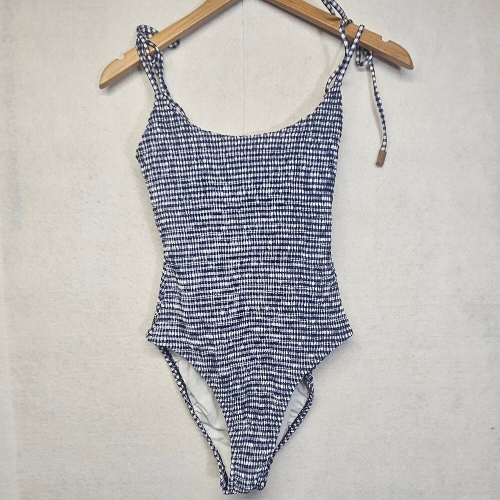 Sperry Womens L Large Navy White Gingham Smocked Tie Strap One Piece Swimsuit